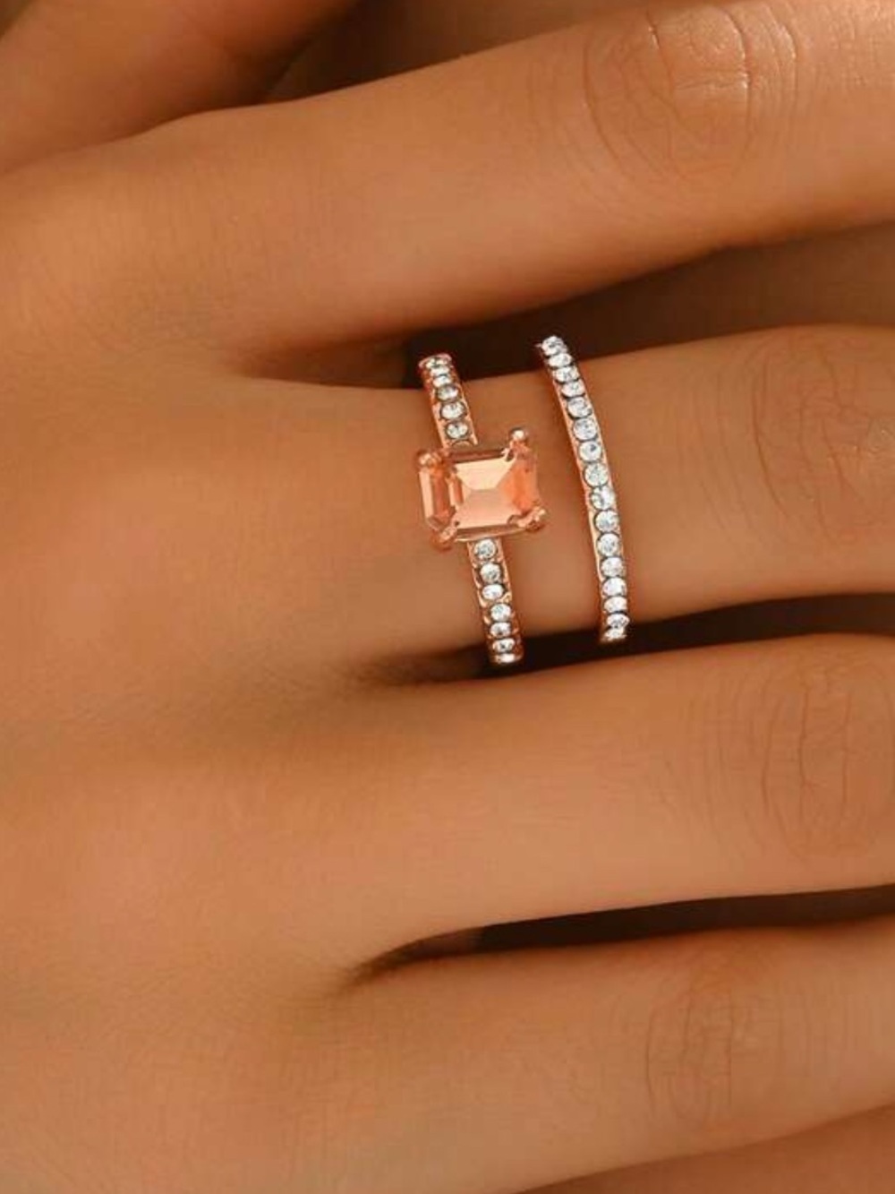 Rose Gold Cubic Zirconia Open Stack Ring Set - Pink Stone